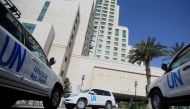The United Nation vehicles carrying the Organisation for the Prohibition of Chemical Weapons (OPCW) inspectors is seen in Damascus, Syria April 18, 2018. REUTERS/ Ali Hashisho
