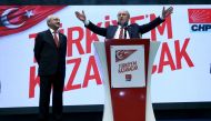 Yalova Deputy of Republican People's Party (CHP) Muharrem Ince (C) makes a speech as he is flanked by Chairman of the Republican People's Party (CHP), Kemal Kilicdaroglu (L) after the announcement of Ince's Presidential candidateship from Republican Peopl