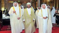 Minister of Finance H E Ali Shareef Al Emadi (right); Minister of Economy and Commerce H E Sheikh Ahmed bin Jassim Al Thani (left); and Minister of Financial Affairs of Oman, H E Darwish bin Ismail bin Ali Al Balushi (centre), during the Qatari-Omani Join