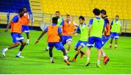 Al Gharafa players in action during a training session ahead of their Amir Cup semi-final against Al Rayyan which will be played at the Al Sadd Stadium today.