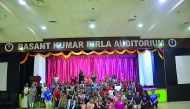 Participants pose with the trainer at the Zumba session organised by Indian Sports Center’s Yoga and Fitness Committee at Birla Public School auditorium. 
