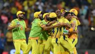 Chennai Super Kings cricketers celebrate after winning the 2018 Indian Premier League (IPL) Twenty20 first qualifier cricket match against Sunrisers Hyderabad at the Wankhede stadium in Mumbai on May 22, 2018.  GETTYOUT / AFP / PUNIT PARANJPE 