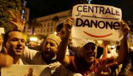 Workers of the Centrale Danone company protest against the boycott of the brand, in front the parliament in Rabat, Morocco, June 5, 2018. Picture taken June 5, 2018, REUTERS/Youssef Boudlal