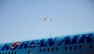 File photo of the logo of Korean Airlines seen on a B787-9 plane at its aviation shed in Incheon, South Korea, February 27, 2017. REUTERS/Kim Hong-Ji/File Photo