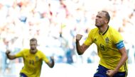 Sweden's Andreas Granqvist celebrates scoring their first goal, June 18, 2018. REUTERS/Matthew Childs