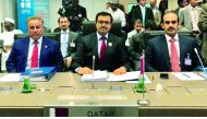 H E Dr Mohammad bin Saleh Al Sada (centre), Minister of Energy and Industry; with Saad Sherida Al Kaabi (right), Qatar Petroleum CEO & MD; and Sheikh Ali bin Jassim Al Thani, Qatar’s Ambassador to Vienna, during the Opec meeting yesterday.