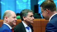 German Finance Minister Olaf Scholz, Greek Finance Minister Euclid Tsakalotos and European Commission Vice-President Valdis Dombrovskis attend an eurozone finance ministers meeting in Brussels, Belgium July 12, 2018. Reuters/Francois Lenoir

