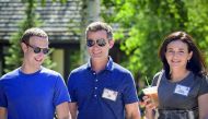 Mark Zuckerberg, chief executive officer of Facebook, Dan Rose, vice president, partnerships at Facebook, and Sheryl Sandberg, chief operating officer of Facebook, attend the annual Allen & Company Sun Valley Conference, July 12, 2018 in Sun Valley, Idaho