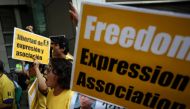 Protesters march during a demonstration against Article 23 and bans on freedom of association in Hong Kong on July 21, 2018. Police in Hong Kong sought to ban a political party which promotes independence for the city on July 17, citing it as a potential 