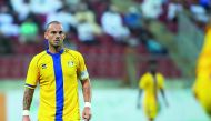 Al Gharafa’s Dutch star Wesley Sneijder reacts during the Friendly Football Tournament in Oman. Sneijder scored three goals in two matches to become the top scorer in the tournament which saw four teams competing.