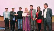 Philippine Labour Attaché David Des Dicang (second left) and UFOQ Chairman Henry Dimaano (third left) along with other UFOQ officials and council members at the UFOQ Thanksgiving and Recognition Night held at Holiday Inn on Friday. Pic: Baher Amin/The Pen