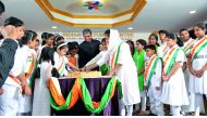 The Ambassador celebrating India’s 72nd Independence Day with schoolchildren at the Indian Cultural Center, Al Mamoura, yesterday. Pic: Salim Matramkot / The Peninsula.