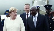 German Chancellor Angela Merkel is welcomed by Ghana's Vice President Bawumia at the Jubilee Airport in Accra, Ghana August 30, 2018. Reuters/Francis Kokoroko 