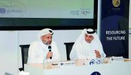 Yousuf Mohamed Al Jaida (left), CEO of the QFC Authority, speaking at the launch of sixth cohort of Kawader programme as Dr Khalid Mohamed Al Horr, QFBA CEO, looks on.