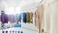 A view of a display of clothing made from yarn from recycled textiles at the Novetex Upcycling Factory in Hong Kong's Tai Po Industrial Estate, September 2018. Credit: Hong Kong Research Institute of Textiles and Apparel (HKRITA)