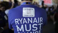 Employees of Ireland based Ryanair Airlines stage a protest after strike call for 24 hours demanding wage increase at the Adolfo Suarez Madrid-Barajas Airport in Madrid, Spain on September 28, 2018. (Burak Akbulut - Anadolu Agency) 