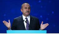 Turkish Foreign Minister Mevlut Cavusoglu speaks during a panel discussion titled;