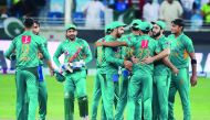 Pakistan's team players celebrate at the end of the T20 cricket match between Pakistan and New Zealand at the Dubai Cricket Stadium in Dubai on November 4, 2018. AFP / Karim Sahib

