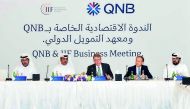 H E Sheikh Mohammed bin Hamad Al Thani (left), the Deputy Governor of Qatar Central Bank; Abdulla Mubarak Al Khalifa (second left), Executive General Manager - Chief Business Officer at QNB Group; Timothy Adams (centre), President and CEO of the IIF; Rash