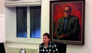 Paula Lehtomaki speaking to a group of journalists  from 16 nations who were on a media tour recently at Prime Minister's office at Helsinki.
