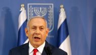 Prime Minister Benjamin Netanyahu delivers a statement to the members of the media in Tel Aviv, Israel November 18, 2018. Reuters/Corinna Kern