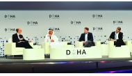 Minister of Finance, H E Ali Shareef Al Emadi (second left); Berat Albayarak (second right), Minister of Treasury and Finance, Turkey; Christian Sewing (right), CEO, Deutsche Bank; and Chris Giles, Economics Editor, Financial Times during the plenary sess