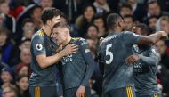 Leicester City's Jamie Vardy celebrates scoring their first goal with team mates Action Images via Reuters/Matthew Childs