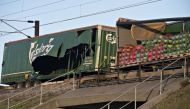 Damaged containers on a cargo train are seen on the Great Belt Bridge after a railway accident on January 2, 2019 in Nyborg, Denmark. AFP / Ritzau Scanpix / Michael Bager