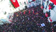 General Secretary of UGTT Noureddine Taboubi gives a speech at the union headquarters (UGTT) during a general strike in the capital Tunis on January 17, 2019.  AFP / Fethi Belaid
