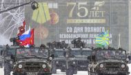Russian servicemen take part in a military parade marking the 75th anniversary of the lifting of the Nazi siege of Leningrad, at Dvortsovaya Square in Saint Petersburg on January 27, 2019.  AFP / OLGA MALTSEVA