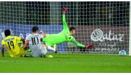 A Roma player scores a goal past the Kashiwa Reysol goalkeeper during the Al Kass Cup Under-17 football tournament at Aspire Zone yesterday.