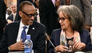 Rwanda's President Paul Kagame (L) and Ethiopia's President Sahle-Work Zewde (R) attend the 