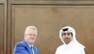 Michael G Ryan (left) and Saleh bin Hamad Al Sharqi during the MoU signing ceremony. 