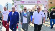 UDC Chairman Turki bin Mohammed Al Khater (centre); UDC President & CEO Ibrahim Jassim Al Othman; Dr Saad bin Ahmad Al Muhannadi, President of Ashghal, and others at the National Sport Day events held at the The Pearl-Qatar yesterday.  Pics: Baher Amin/Th