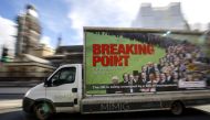 A van with a billboard entitled Breaking Point and aimed at holding the 'Brext Elite' to account, is pictured during its unveiling by For our Future's Sake (FFS) - the youth and student wing of the People's Vote campaign - near the Houses of Parliament in