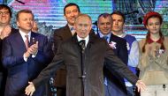 Russian President Vladimir Putin addresses the crowd during a concert marking the fifth anniversary of Russia's annexation of Crimea, in Simferopol March 18, 2019. Yuri Kadobnov/Pool via Reuters
 