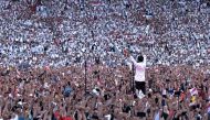 Indonesian President Joko Widodo gesturing to supporters during his final campaign rally in Jakarta.