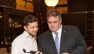 Ukraine's President-elect Volodymyr Zelenskiy (L) attends a meeting with Lithuania's Foreign Minister Linas Linkevicius in Kiev, Ukraine April 25, 2019. Press service of Volodymyr Zelenskiy/Handout via REUTERS 