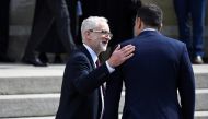 Labour Party leader Jeremy Corbyn and Ireland's Prime Minister (Taoiseach) Leo Varadkar arrive at the funeral of journalist Lyra McKee at St. Anne's Cathedral in Belfast, Northern Ireland April 24, 2019. REUTERS/Clodagh Kilcoyne
