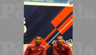 Qatari athletes Owaab Barrow (left) and Jaber Al Mamari during a press conference held in Doha yesterday, ahead of the opening round of the 2019 Diamond League.