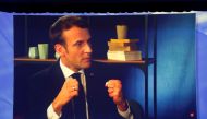 French President Emmanuel Macron appears on a screen during a live chat on Youtube and Facebook as La Republique En Marche (Republic on the Move) holds the last European election rally in Paris, France May 24, 2019. REUTERS/Charles Platiau
