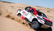 Qatari driver Nasser Al Attiyah and his French navigator Mathieu Baumel in action during the penultimate leg of Rally Kazakhstan in Aktau, yesterday.