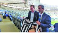 Marcelo Crivella, Mayor of Rio de Janeiro, presenting a team jersey of Club Botafogo de Futebol e Regatas to Qatar Football Association President, Sheikh Hamad bin Khalifa bin Ahmed Al Thani, during Qatar’s opening match of the 2019 Copa America on Sunday