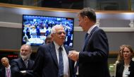 Spain's Minister of Foreign Affairs Josep Borrell (L) welcomes Britan's Foreign Secretary Jeremy Hunt (R) during a Foreign Affairs meeting at the EU headquarters in Brussels on July 15, 2019. (AFP / JOHN THYS)