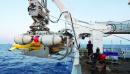 The AsterX submarine drone returns on board the Antea research vessel during the second phase of the search for the wreckage of the Minerve submarine, in this image provided by the Marine Nationale on July 22, 2019.  Sebastien Chenal/Marine Nationale/via 