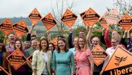 Jane Dodds celebrates winning the Brecon and Radnorshire by-election with Liberal Democrat leader Jo Swinson and Kirsty Williams AM in Brecon, Britain August 2, 2019. (REUTERS/Rebecca Naden)