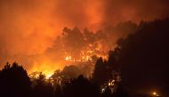 The trees above the road of the forested peaks of Valleseco are engulfed in flames during the new forest fire that broke out just days after another blaze raged in the same area, in the Grand Canary Island of Spain, August 17, 2019.   AFP / DESIREE MARTIN