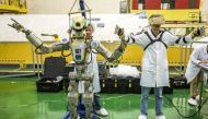 This handout picture taken on July 26, 2019 and released by the official website of the Russian State Space Corporation ROSCOSMOS on August 21, 2019 shows Russian humanoid robot Skybot F-850 (Fedor) being tested ahead of its flight on board Soyuz MS-14 sp