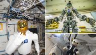 A combination of handout photographs shows (L) provided by NASA on March 13, 2012 showing an image of the Robonaut 2 humanoid robot in the Destiny laboratory of the International Space Station (ISS), (top R) Taken on July 26, 2019 and released by the offi