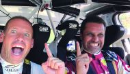 Qatar’s Nasser Saleh Al Attiyah and his French co-driver Mathieu Baumel celebrate as they win their maiden Rally of Lebanon title in the 42nd running of the event, driving a VW Polo R5, yesterday. Picture: Twitter/ @matthieubaumel